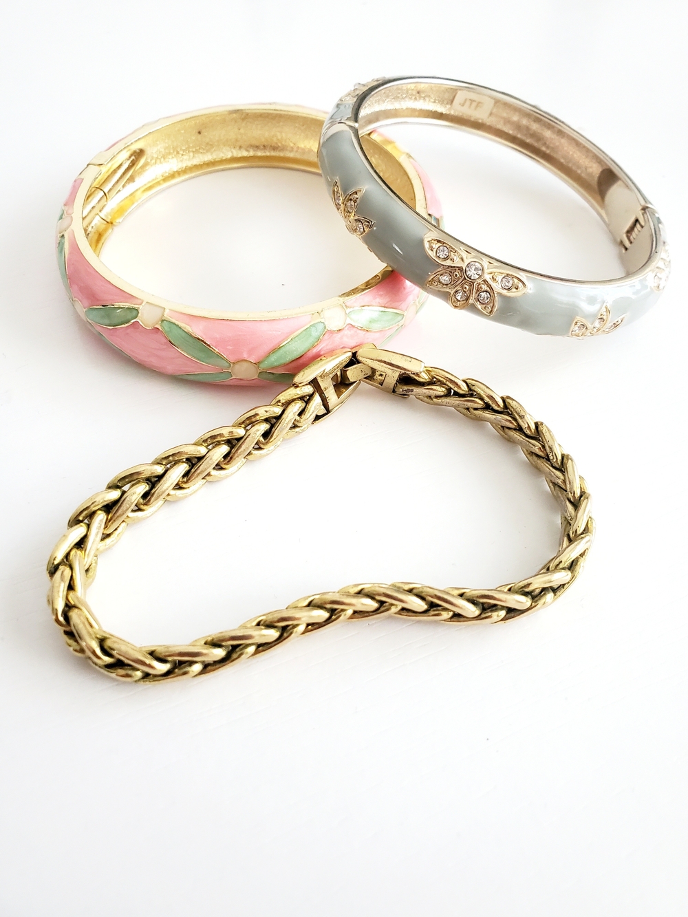 Gold Rope Chain Bracelet with Pink and Gray Enamel Bangles